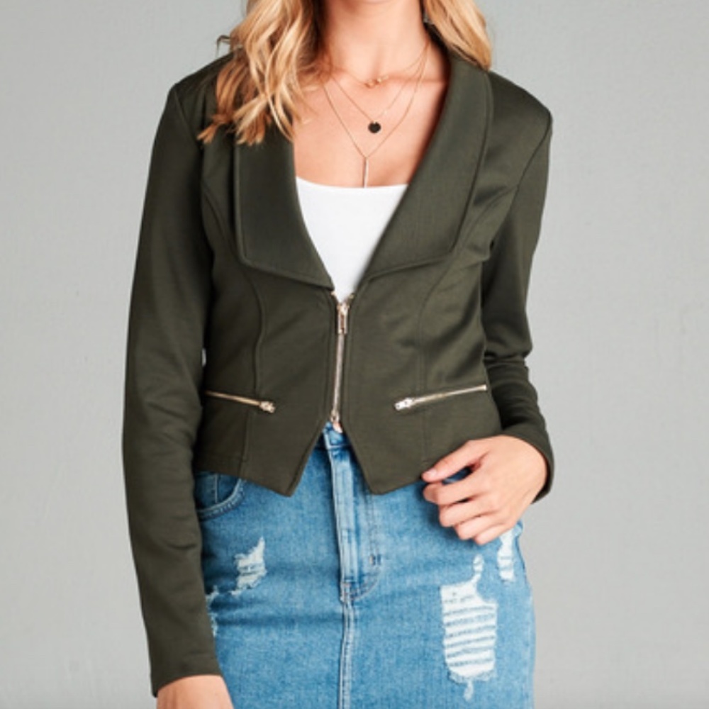 NEW Zip Front Long Sleeve Cropped Fitted Stylish Blazer Jacket- Olive